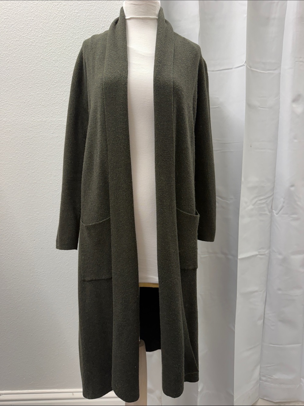 Long Open-Front Olive Cardigan with Patch Pockets